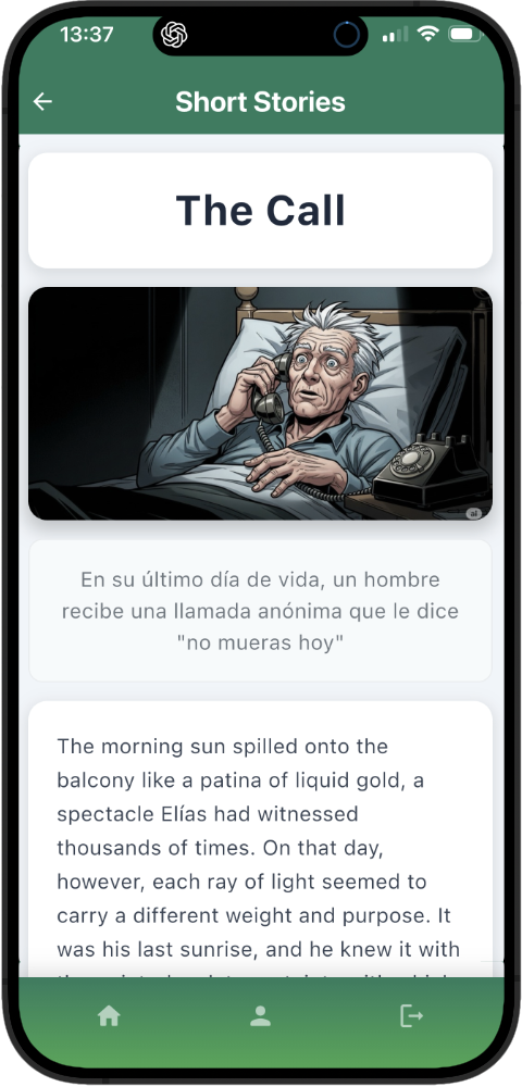 Interfaz de la aplicación mostrando historias cortas